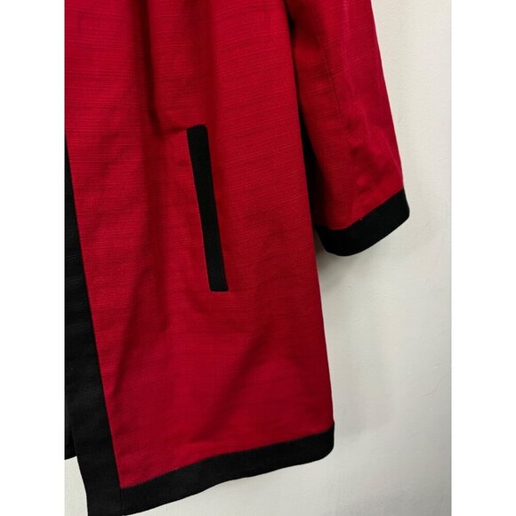 Chico's Size 8 Red Black Trim Longline Open Front Jacket Cotton Blend - Picture 4 of 5